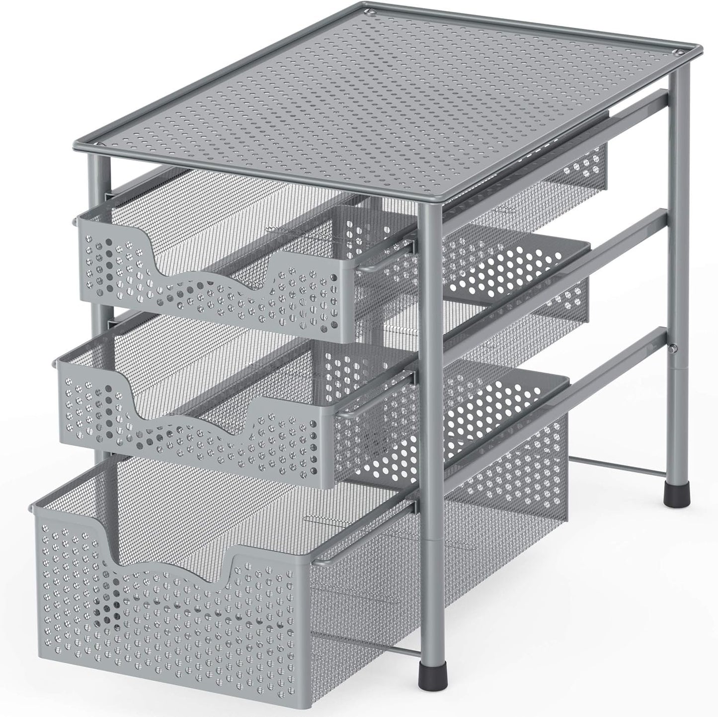 SimpleHouseware Stackable 3 Tier Sliding Basket Organizer Drawer, Silver