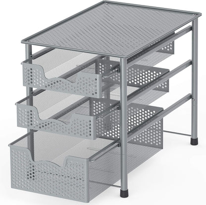 SimpleHouseware Stackable 3 Tier Sliding Basket Organizer Drawer, Silver