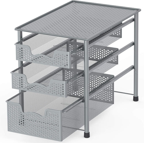 SimpleHouseware Stackable 3 Tier Sliding Basket Organizer Drawer, Silver