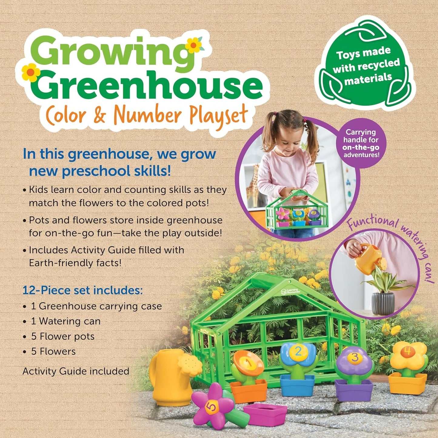 Learning Resources Growing Greenhouse Color and Number Eco Friendly Playset - Preschool Learning Toys, Fine Motor Skills Toys for Kids Flower Garden Toy Ages 18+ Months