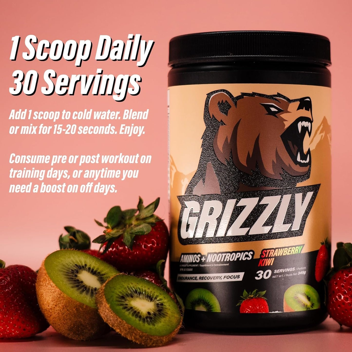 GRIZZLY AMINOS & NOOTROPICS STRAWBERRY KIWI, Endurance, Recovery, Focus, EAA, Amino Acids, Tyrosine