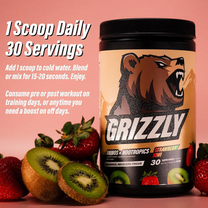 GRIZZLY AMINOS & NOOTROPICS STRAWBERRY KIWI, Endurance, Recovery, Focus, EAA, Amino Acids, Tyrosine