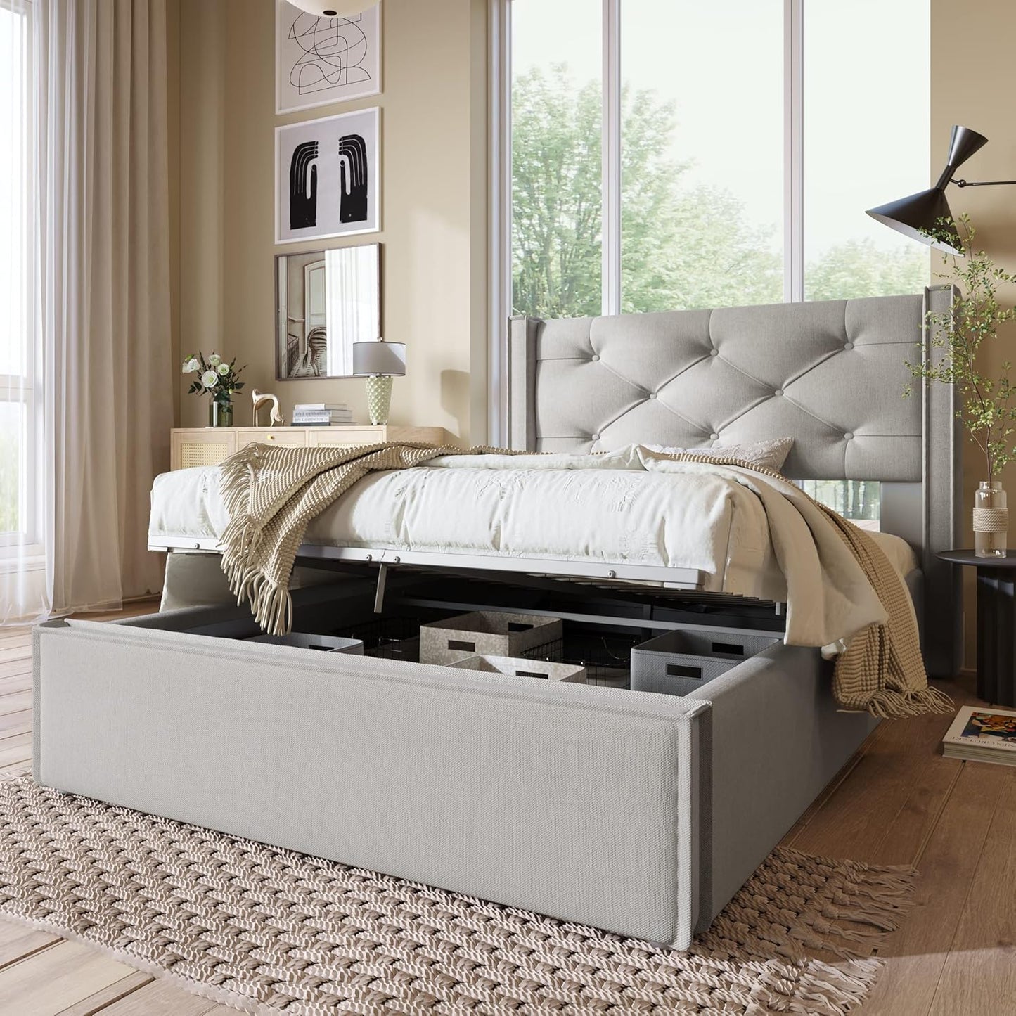 Ctastay Padded Bed, 90 x 200 cm, Adult Hydraulic Bed with Wooden Slatted Base, Frame and Headboard, Underbed Container, Cotton, Light Grey, Without Mattress