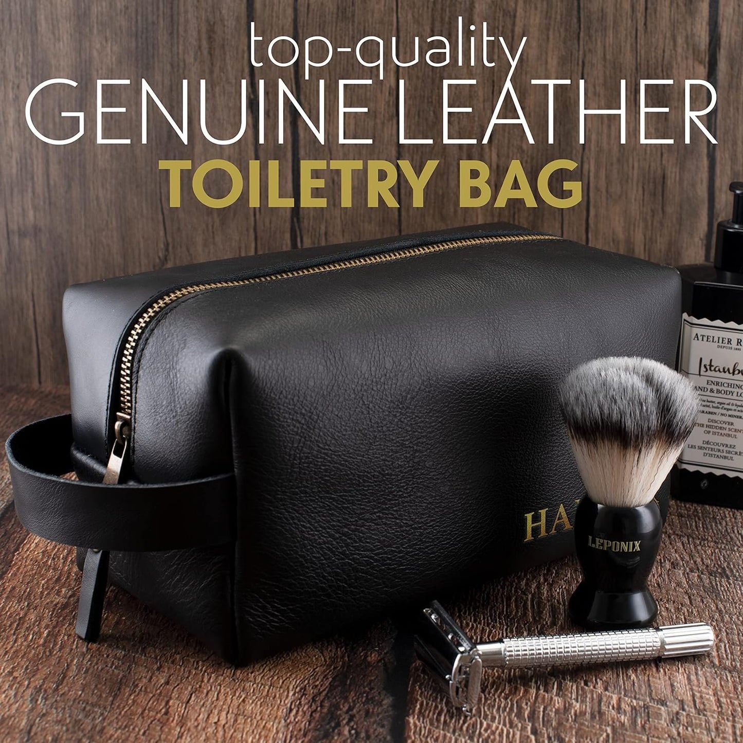 Lara Laser Works Toiletry Bag for Men, Genuine Leather Toiletry Bag w/Initials & Names, Black, Large