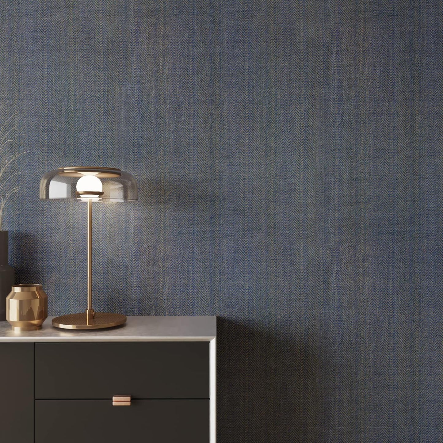 VEELIKE Blue and Gold Grass Sheet Adhesive Paper Vintage Blue Fabric Wallpaper Adhesive Film for Furniture Wallpaper Bedroom Furniture Sticker Bango 40 cm x 300 cm