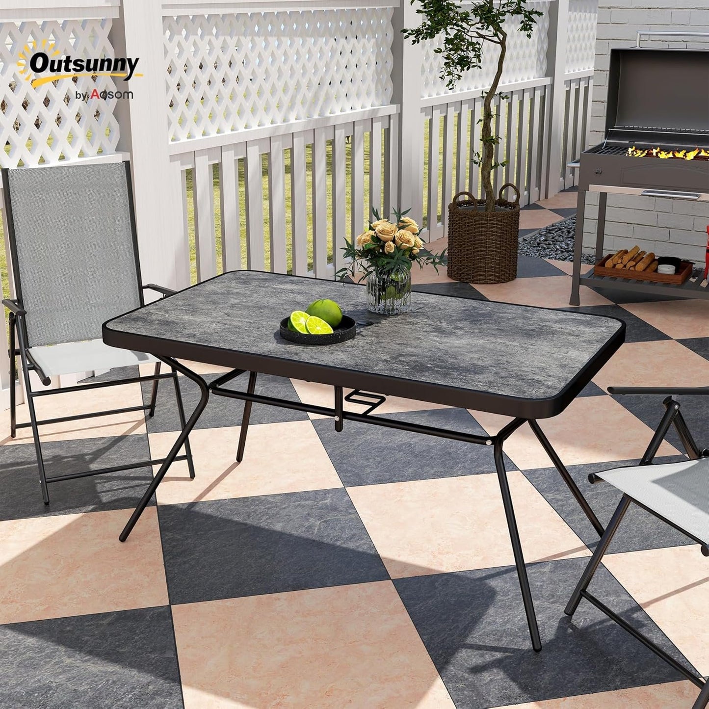 Outsunny 55" x 31.5" x 28" Rectangle Outdoor Dining Table for 6, Patio Table with 1.7" Umbrella Hole, Easy Clean DPC Plastic Tabletop, Steel Frame, for Backyard, Deck, Lawn, Grey
