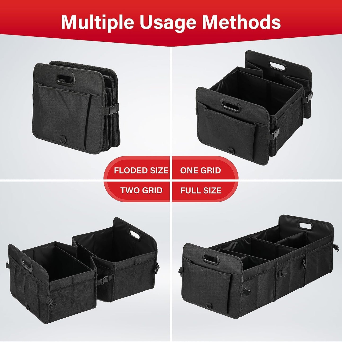 Simple Deluxe Car Trunk Organizer, Multi Compartments Collapsible Trunk Storage, Anti-slip, Waterproof 600D Oxford Polyester, with Adjustable Straps for SUV, Minivan, Truck, Large Size, Black