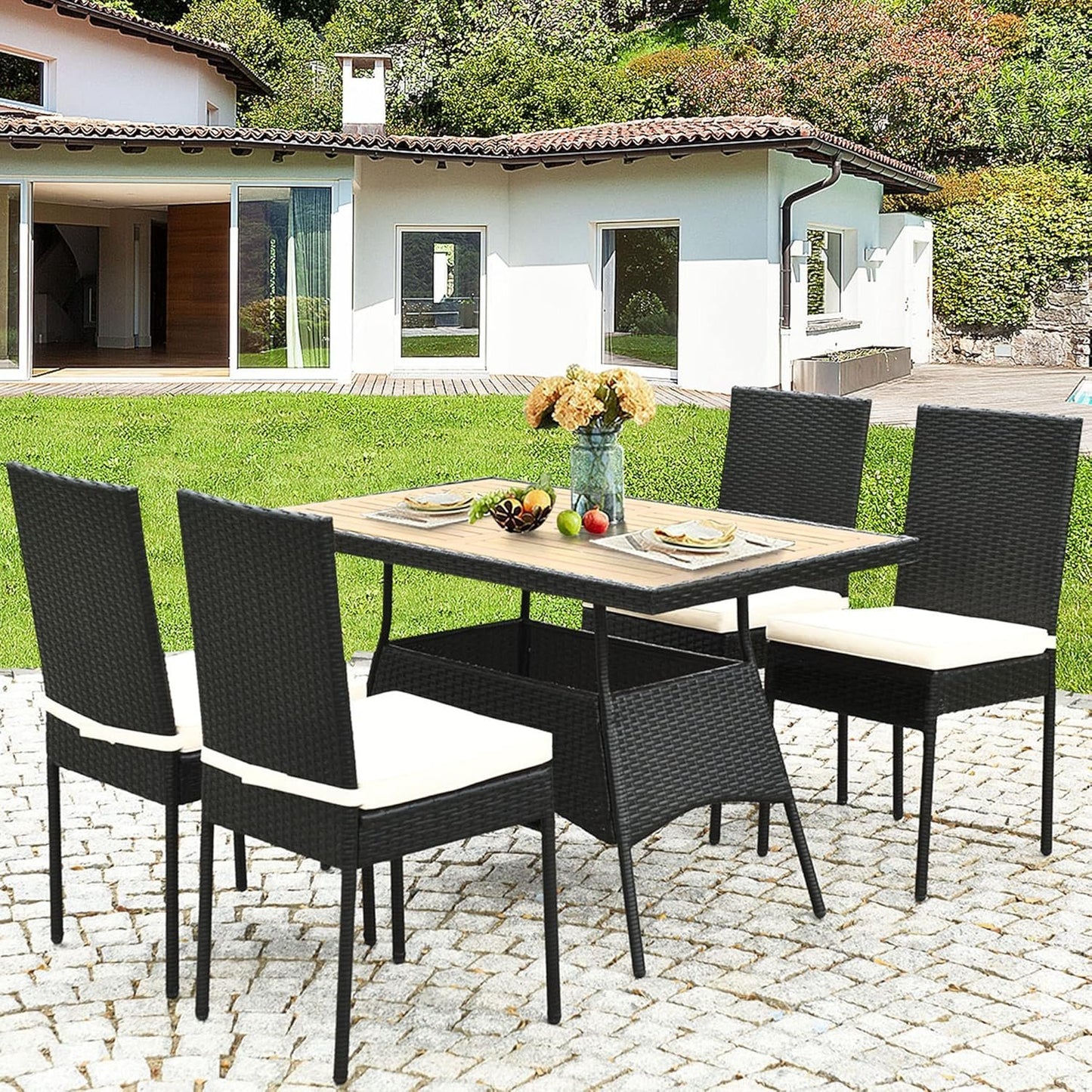 DORTALA 5-Piece Patio Dining Set, Rattan Furniture Set with Acacia Wood Tabletop Table, Chairs, Cushions, Outdoor Wicker Chair & Table Set for Backyard Porch Poolside