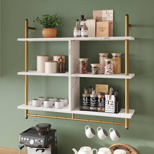 Bestier Kitchen Shelves Wall Mounted Floating Pipe Shelving 3 Tier 41.5" Coffee Bar Shelf with Holder Wall Display Storage Rack Kitchen Organization and Home Decor, White Faux Marble