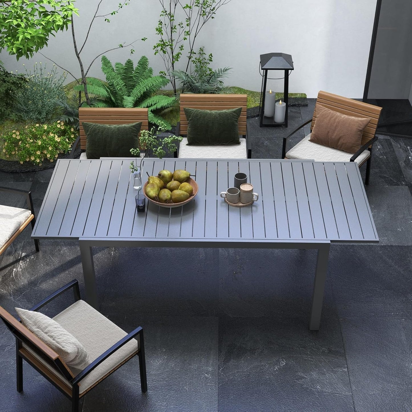 Outsunny Expandable Outdoor Dining Table for 6-8 People, Patio Dining Table with Aluminum Frame & Slatted Tabletop, Rectangle Patio Table for Garden, Lawn, Balcony, Charcoal Grey