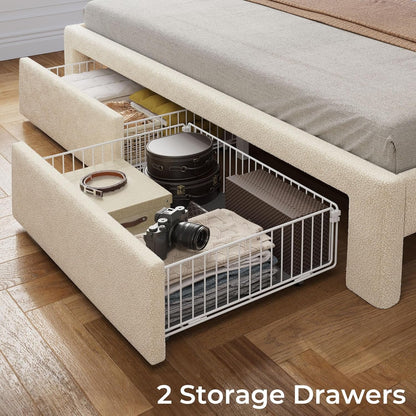 Rolanstar Queen Bed Frame with Drawers, Storage Headboard with Charging Station and LED Lights, Upholstered Bed with Heavy Duty Wood Slats, No Box Spring Needed, Noise Free, Easy Assembly, Beige