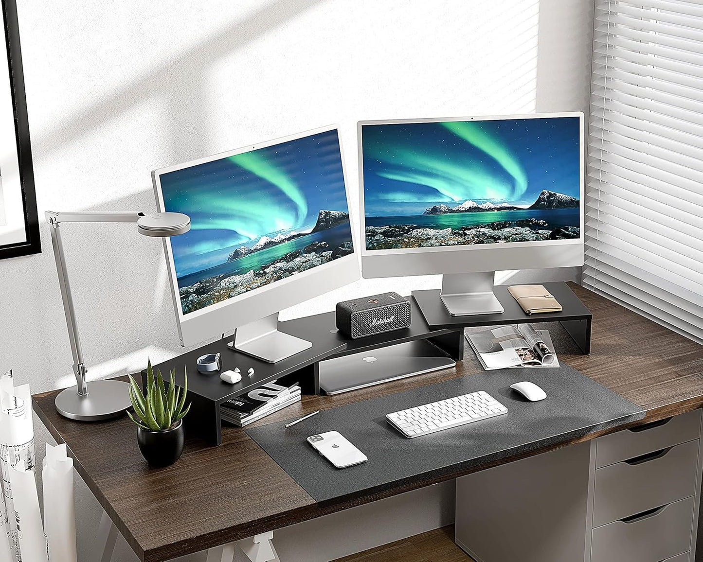 FITUEYES Dual Monitor Stand - 3 Shelf Computer Monitor Riser, Wood Desktop Stand with Adjustable Length and Angle, Desk Accessories, Office Supplies Medium Black,DT108001WB