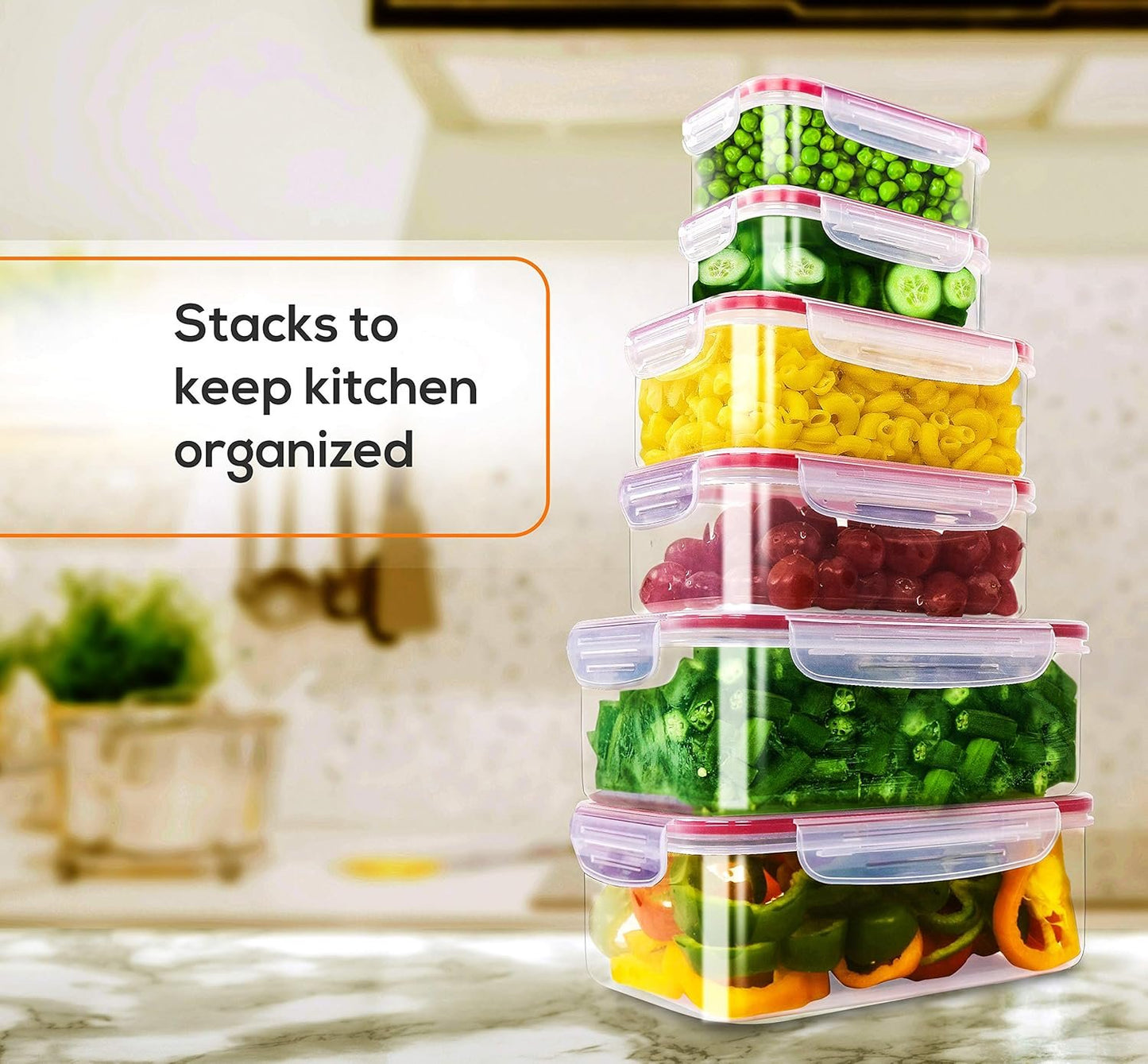 KICHLY Plastic Airtight Food Storage Containers - 24 Pieces (12 Containers & 12 Lids) Plastic Food Containers with Lids for Kitchen & Pantry, Leakproof (Red)