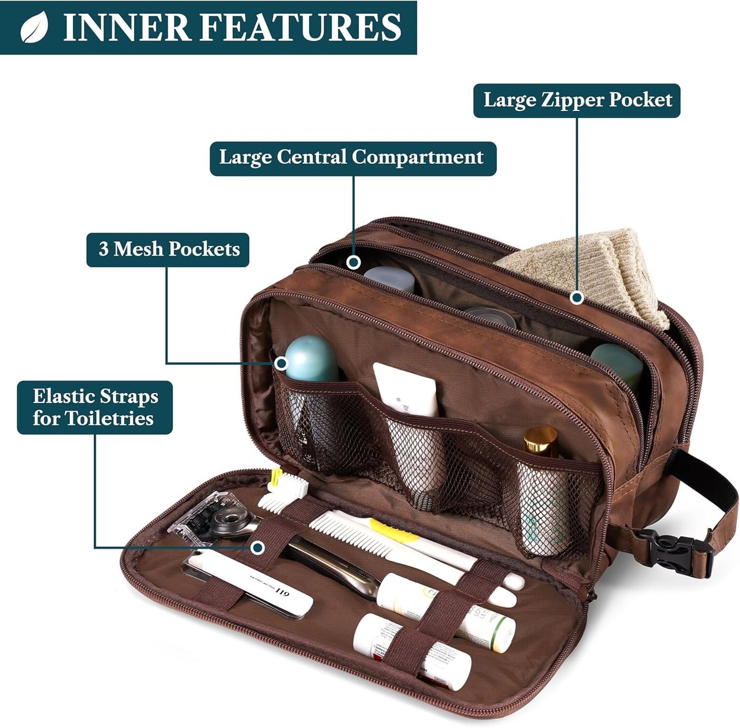PAVILIA Toiletry Bag for Men, Travel Toiletries Bag | Water-resistant Dopp Kit, PU Leather Shaving Pouch Organizer for Accessories, Cosmetic, Hygiene, Grooming Essentials (Brown)