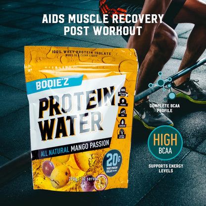 BODIE’Z Whey Protein Water Powder - 20g Protein Per Serve, Less than 1g Sugar Fat and Carbs 11 Vitamins and Minerals, Supplement for Lean Muscle Growth & Recovery, Mix with Water, 290g Mango Passion