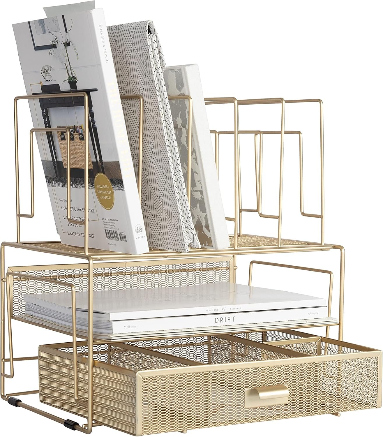 BLU MONACO Gold Desk Accessories and Workspace, Desktop Organizer - Cute File Organizer for Desk and Drawer Storage for Office Supplies, Paper, Device and Folders - File Holder