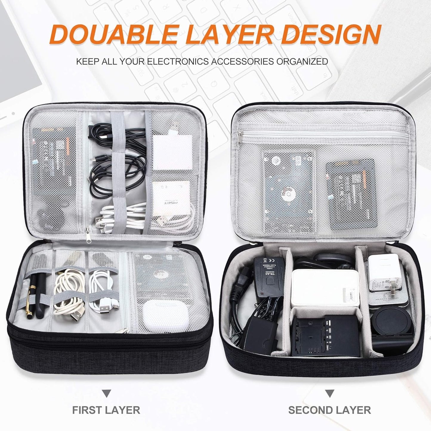 Electronic Bag Travel Cable Accessories Bag Waterproof Double Layer Electronics Organizer Portable Storage Case for Cable, Cord, Charger, Phone, Adapter, Power Bank, Kindle, Hard Drives (Black)