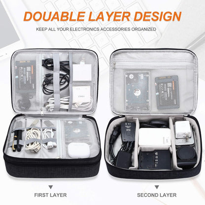 Electronic Bag Travel Cable Accessories Bag Waterproof Double Layer Electronics Organizer Portable Storage Case for Cable, Cord, Charger, Phone, Adapter, Power Bank, Kindle, Hard Drives (Black)