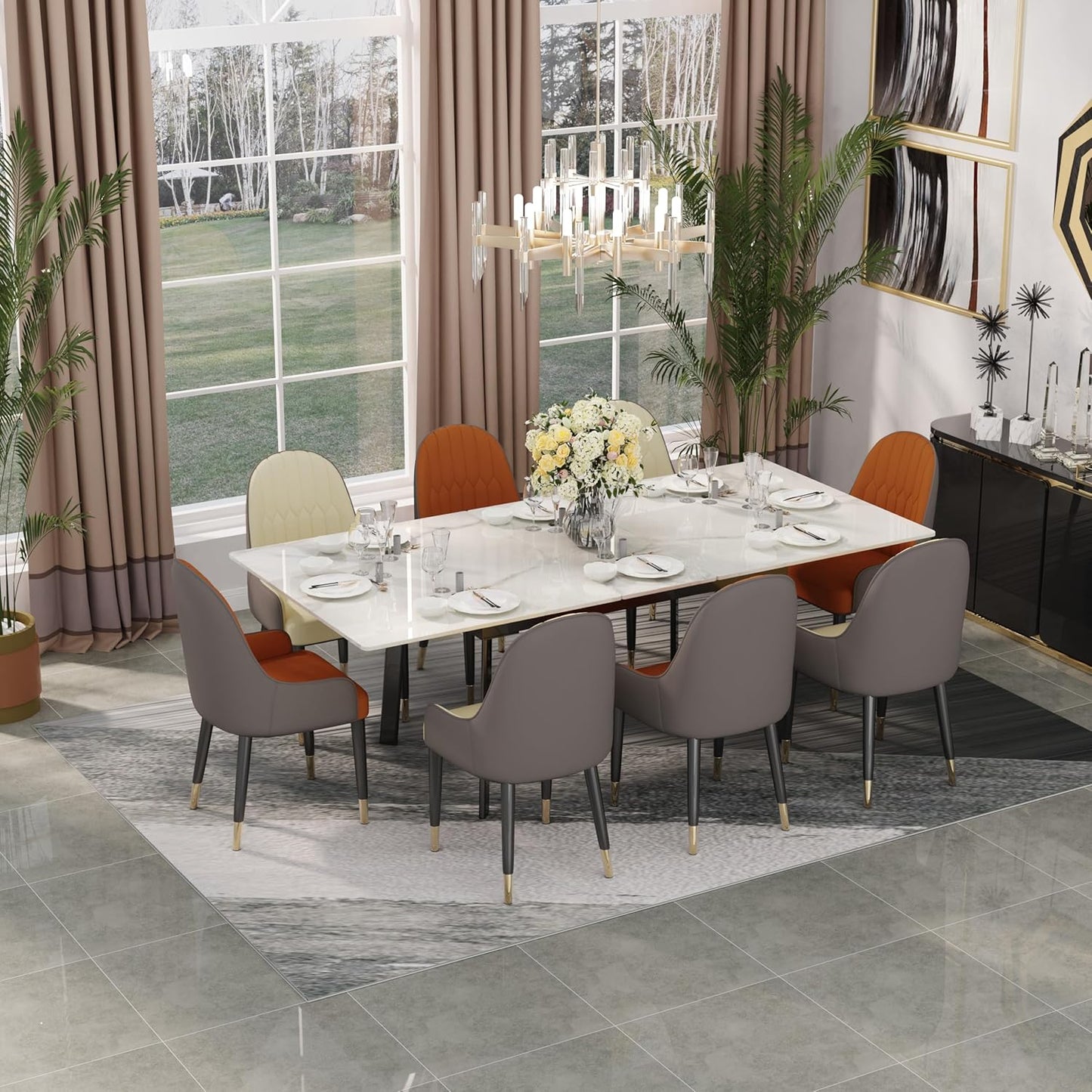 Extendable Dining Table Sintered Stone: Rectangular Kitchen Room Table Stretchable 150cm - 180cm Snow Mountain White Marble Texture Leaves Tables 6-8 Seater with Flat-Sided Oval Steel Legs