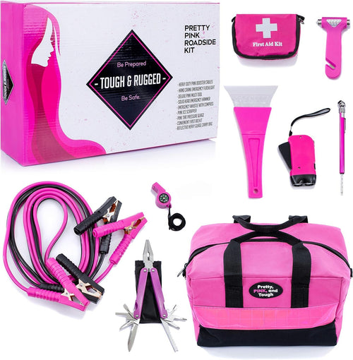 Pretty Pink Roadside Emergency Kit for Teen Girls and Women - Car Accessories With Jumper Cables, First Aid Kit, Tools, Durable Carry Bag - 5 Year Warranty