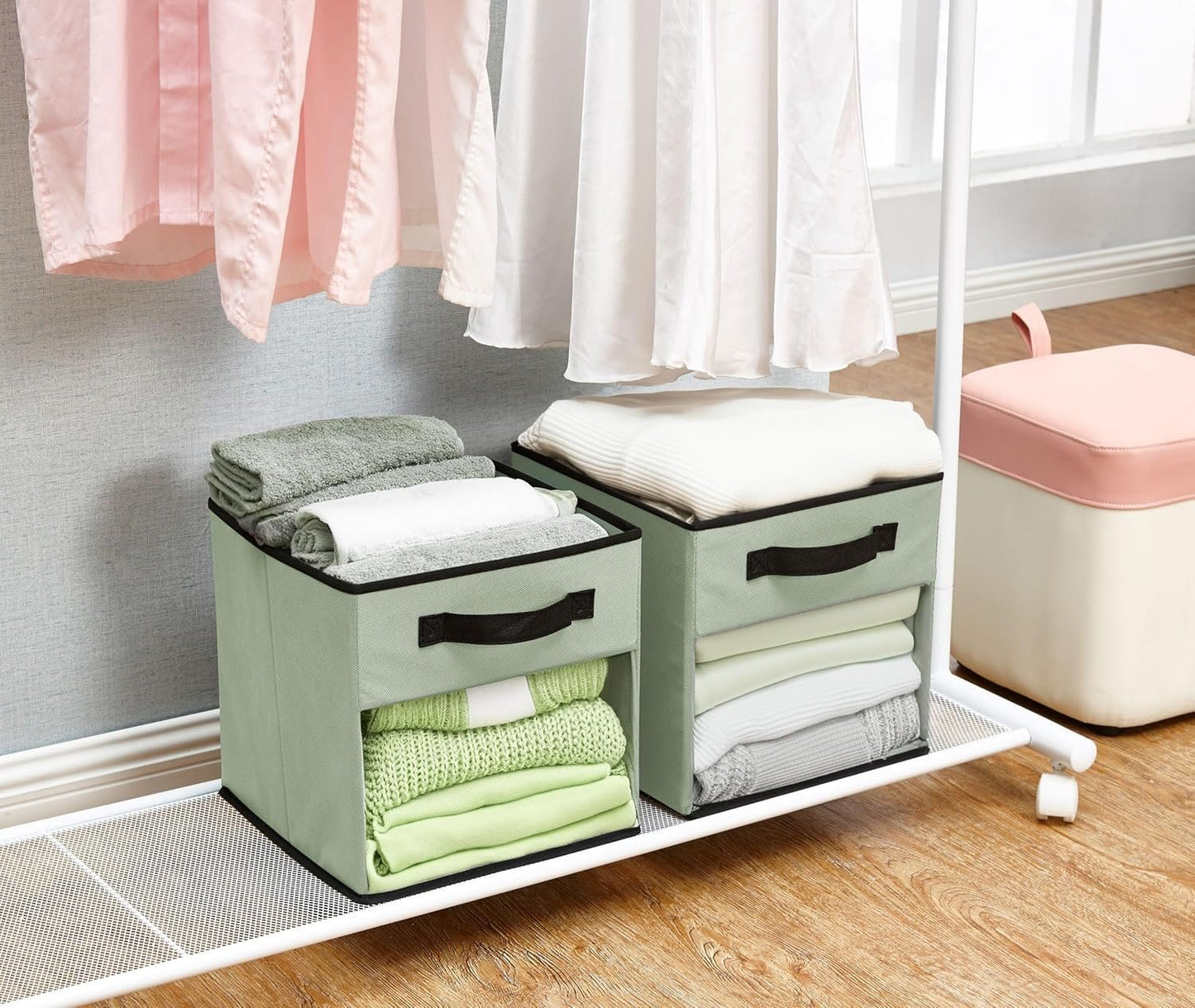 DECOMOMO Fabric Cube Storage Bin – Storage Bins with Clear Window, Toy Storage for Kids, Closet Organizers and Storage for Clothes (11 inch Cube, Green) - 6 Pack