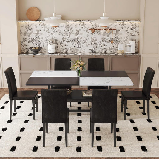 Dinner Table Set for 6, 71" Modern Dining Table Set for 6, Black and White Splicing Tabletop with Storage Shelf, Faux Marble Dining Table and 6 Upholstered Chairs for Kitchen, Dining Room