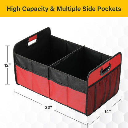 YSSOA 2 Compartments Car Trunk Organizer, 600D Waterproof Oxford Polyester Car Storage, Anti-slip 14" D x 22" W x 12" H Collapsible Trunk Storage, Suitable for SUV, Minivan, Truck, Red