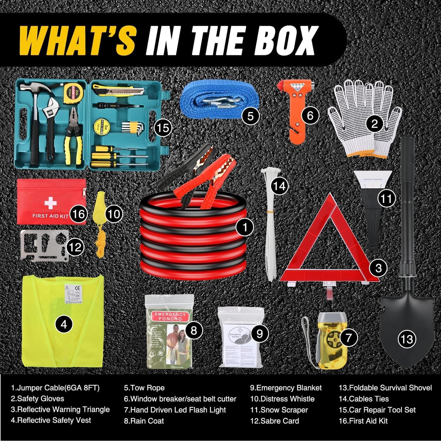 Nilight Car Emergency Kit with Jumper Cable Repair Tool Sets and Foldable Shovel,Roadside Safety Assistance Essential Tools for Travel Camping Outdoor Cars Truck SUV RV