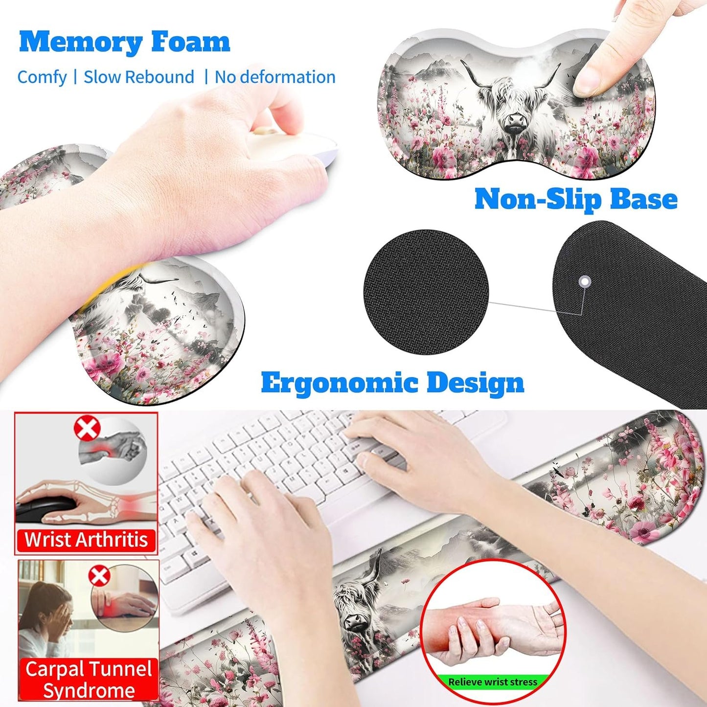HaoSiTeck 4-Piece Extended Large Mouse Pad Set for Women Men with Highland Cow Design Includes 35.4 x 15.7 XXL Large Mouse Pad Keyboard Wrist Rest Mouse Wrist Support and Coaster for Office Home