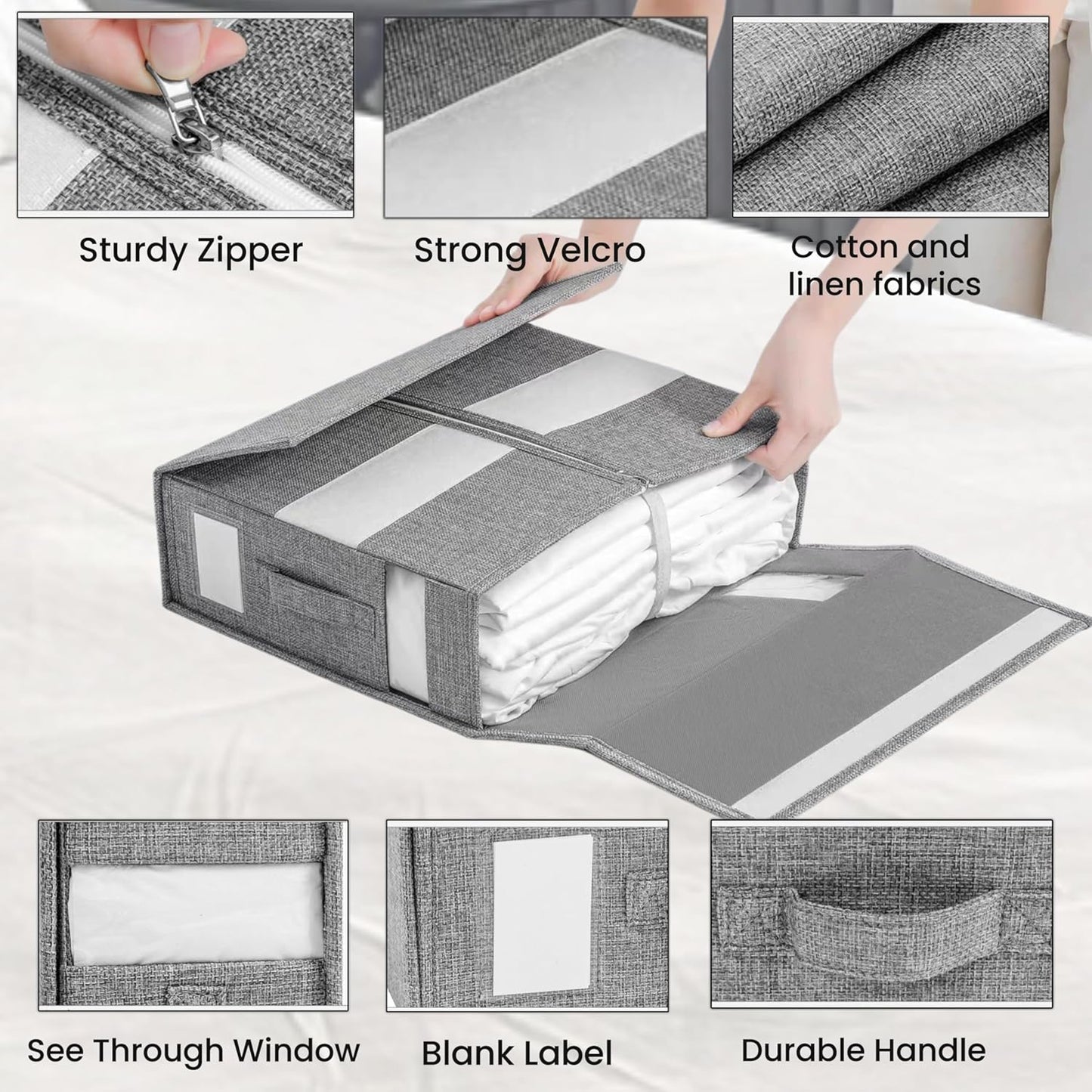 Bed Sheet Organizer, 2 Piece Foldable Bedding Sheet Organizer, Sheet Closet (King and Queen Size Sheets) ，with Two Windows + Two Handles for Sheets, Wardrobe, Home Storage and Organization (Gray)