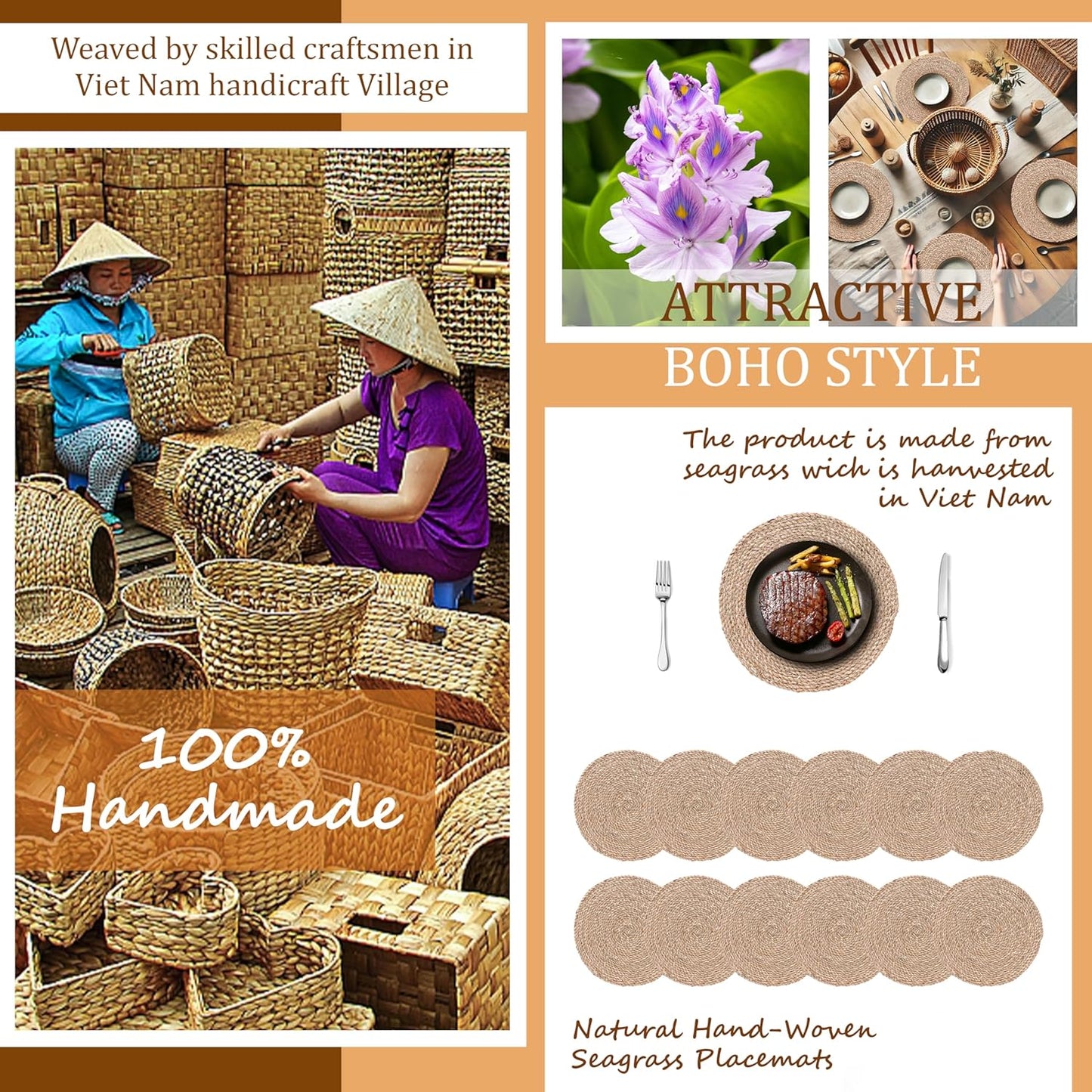 Woven Placemats Set of 12, Round 12" Boho Rattan Natural Hand-Woven Seagrass Placemats, Farmhouse Weave Place Mats, Rustic Braided Wicker Table Mats for Dining Table, Home, Wedding