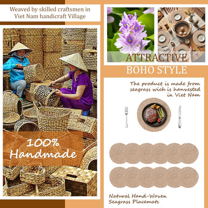 Woven Placemats Set of 12, Round 12" Boho Rattan Natural Hand-Woven Seagrass Placemats, Farmhouse Weave Place Mats, Rustic Braided Wicker Table Mats for Dining Table, Home, Wedding