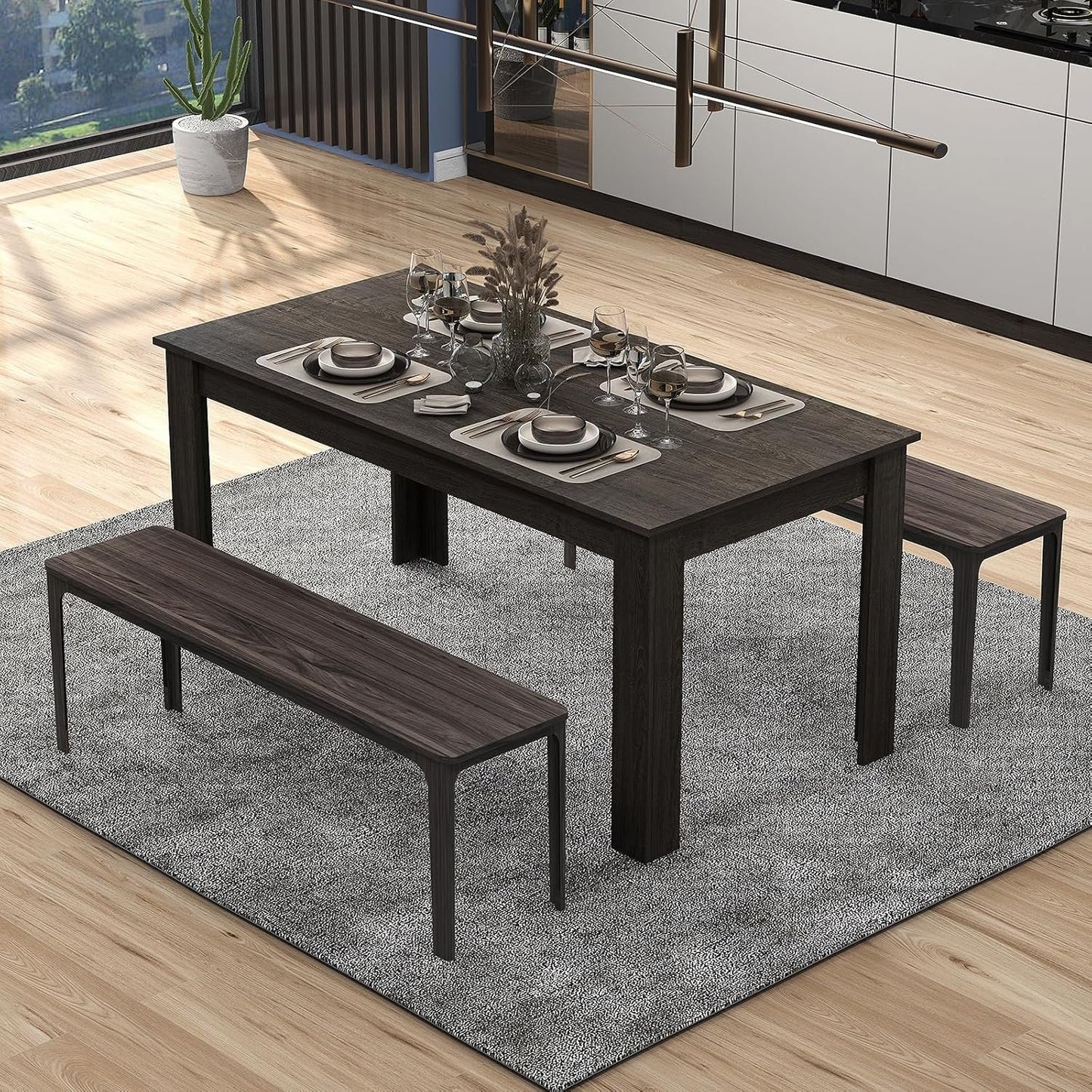 COSTWAY Dining Table for 4-6 People, 63” Rectangular Dining Room Table, Farmhouse Dinette Table with Large Computer Workstation, Modern Kitchen Table for Apartment, Living Room, Restaurant (Grey)