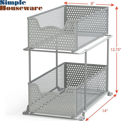 SimpleHouseware 2 Tier Pull-Out Sliding Cabinet Organizer Drawer for Under Sink, Kitchen and Bathroom, Silver