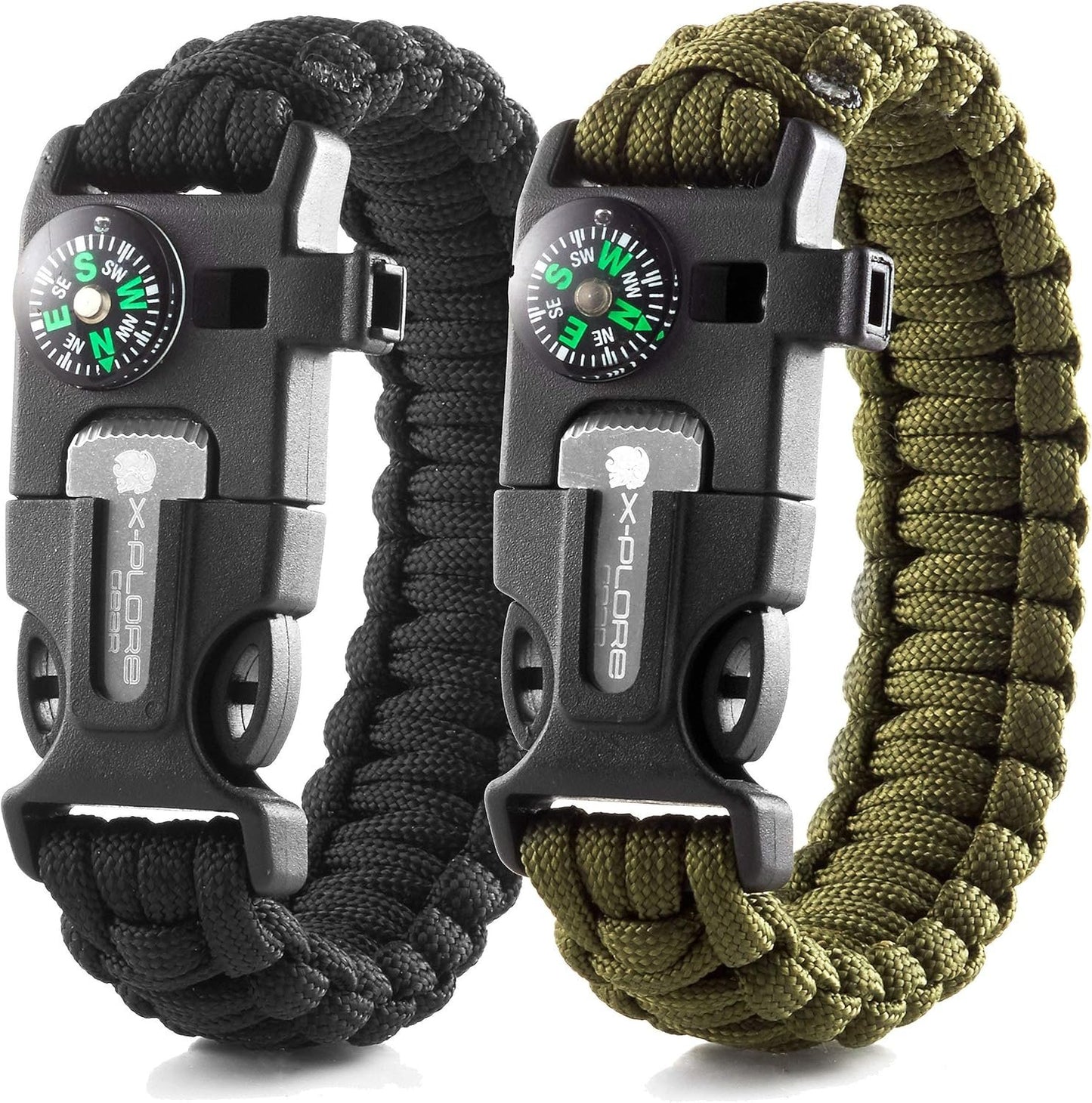 X-Plore Gear Emergency Paracord Bracelets | Set Of 2| The ULTIMATE Tactical Survival Gear| Flint Fire Starter, Whistle, Compass & Scraper/Knife| BEST Wilderness Survival-Kit For Camping/Fishing & More