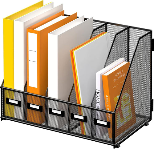 DALTACK Desk Organizers Metal Desk Magazine File Holder with 5 Vertical Compartments Folder Storage for Office Home School Organization, Black