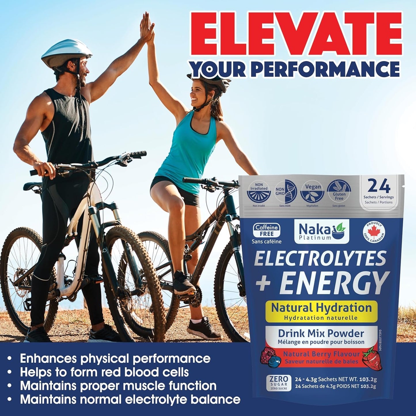Naka Electrolytes + Energy, Natural Hydration Drink Mix powder, Berry Flavour, Caffeine Free, Botanical Boost with Beetroot, Hawthorn Berry and Ginseng, Made in Canada (24 sachets)