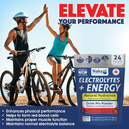 Naka Electrolytes + Energy, Natural Hydration Drink Mix powder, Berry Flavour, Caffeine Free, Botanical Boost with Beetroot, Hawthorn Berry and Ginseng, Made in Canada (24 sachets)