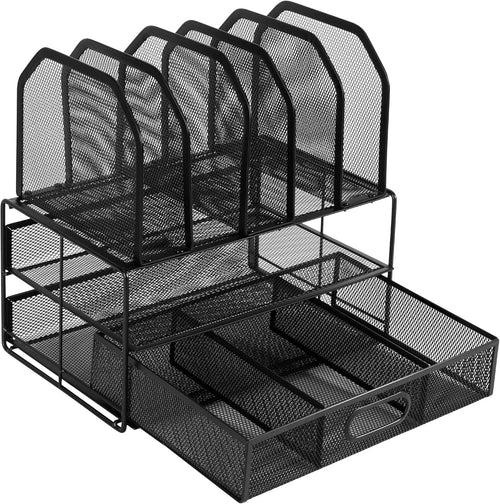 Amazon Basics Mesh Desk Organizer with Sliding Drawer, Double Tray and 5 Upright Sections, Black