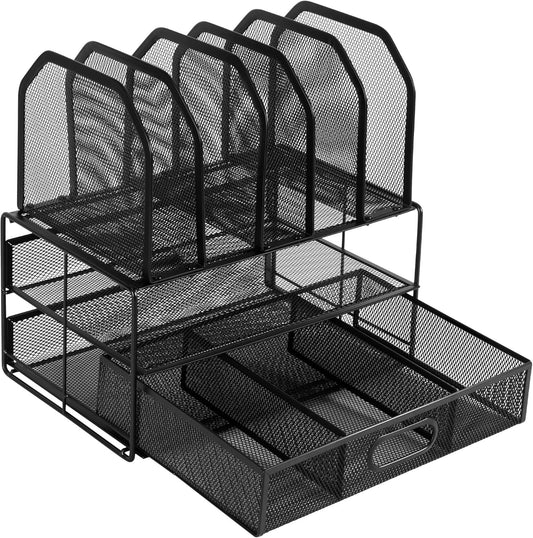 Amazon Basics Mesh Desk Organizer with Sliding Drawer, Double Tray and 5 Upright Sections, Black