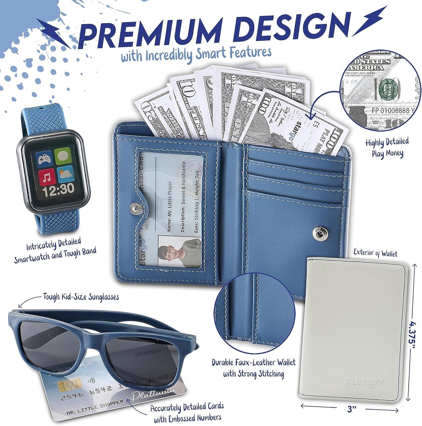 Play Wallet for Boys with Money and Pretend Play Toys, Cellphone, Smartwatch, Keys, Sunglasses, Toddler Wallet for Kids Ages 3 4 5 6 7 8 9 10 11 12 - Grown Up Pretend Play Set for Kids