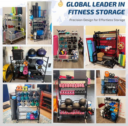 PLKOW Dumbbell Rack, Weight Rack for Dumbbells, Home Gym Storage for Dumbbells Kettlebells Yoga Mat and Balls, All in One Workout Storage with Wheels and Hooks, Powder Coated Finish Steel