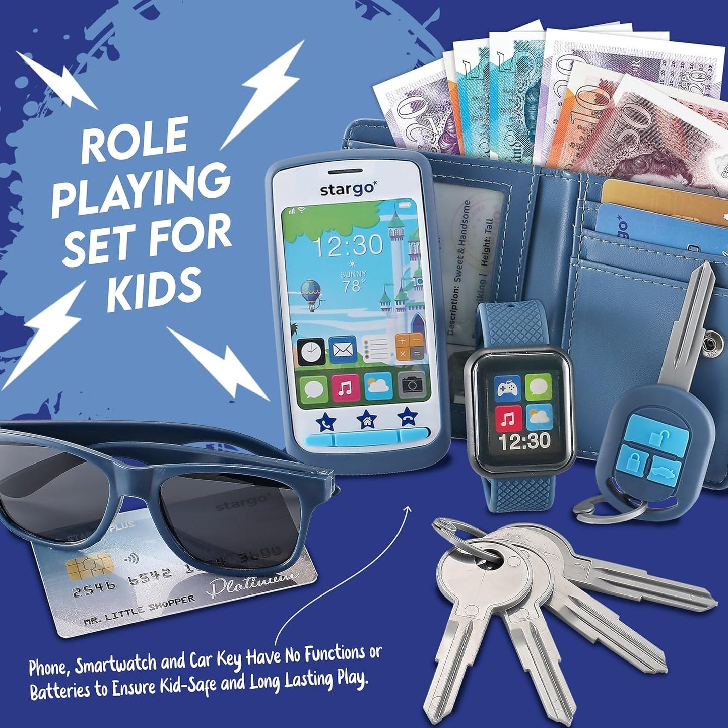 Play Wallet for Boys with Money and Pretend Play Toys, Cellphone, Smartwatch, Keys, Sunglasses, Toddler Wallet for Kids Ages 3 4 5 6 7 8 9 10 11 12 - Grown Up Pretend Play Set for Kids