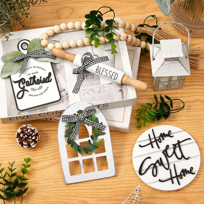 Houmury Set of 16 Farmhouse Tiered Tray Decor with 1 Lantern Artificial Plant& Cutting Board Sign for Rustic Home Kitchen Decor Tier Tray Decor Set (Tiered Tray Not Included)