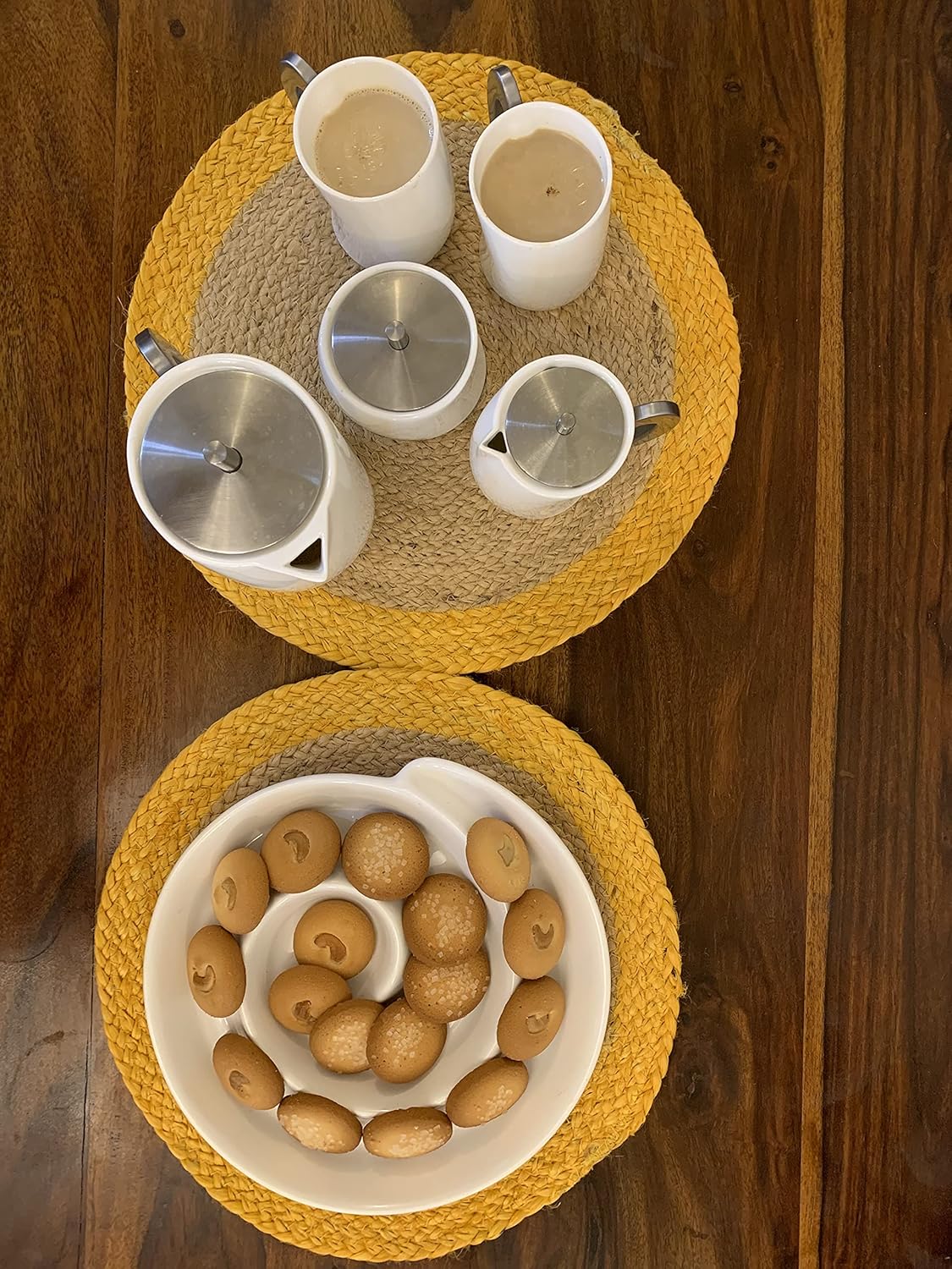 Nature4u 100% Jute Hand Braided Placemat Set of 6 Rustic Vintage Farmhouse Table top & Dining Table Round Placemat for Parties (14” Diameter, Natural /Ochre) Set of 6