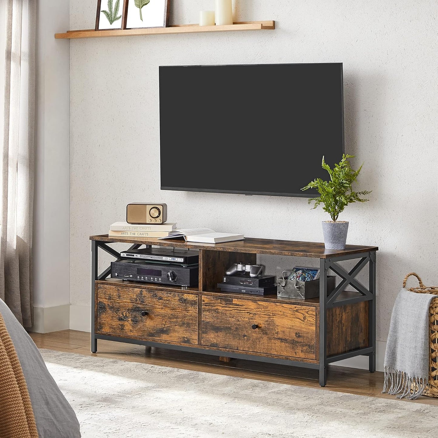 VASAGLE LTV300B01 TV Unit, TV Stand, Up to 55 Inches, 120 cm Long, 2 Drawers 2 Open Shelves, 40 x 120 x 50 cm, Living Room, Bedroom, Steel Frame, Vintage Brown and Black