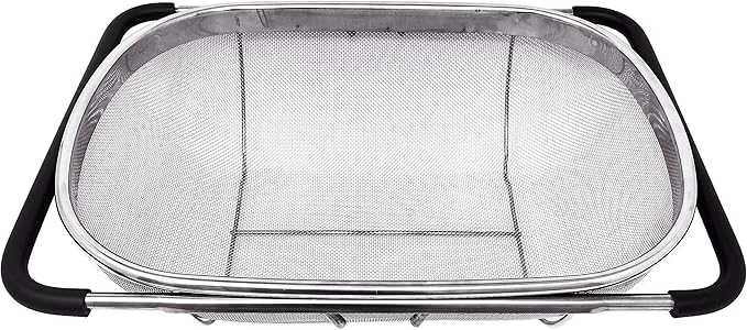 Makerstep Over the Sink Colander Strainer Basket Stainless Steel, For Kitchen Sink with Rubber Grip, Fine Mesh, Large Kitchen Gadgets Tools, Expandable Home Kitchen Essentials