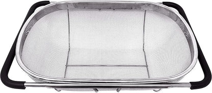 Makerstep Over the Sink Colander Strainer Basket Stainless Steel, For Kitchen Sink with Rubber Grip, Fine Mesh, Large Kitchen Gadgets Tools, Expandable Home Kitchen Essentials