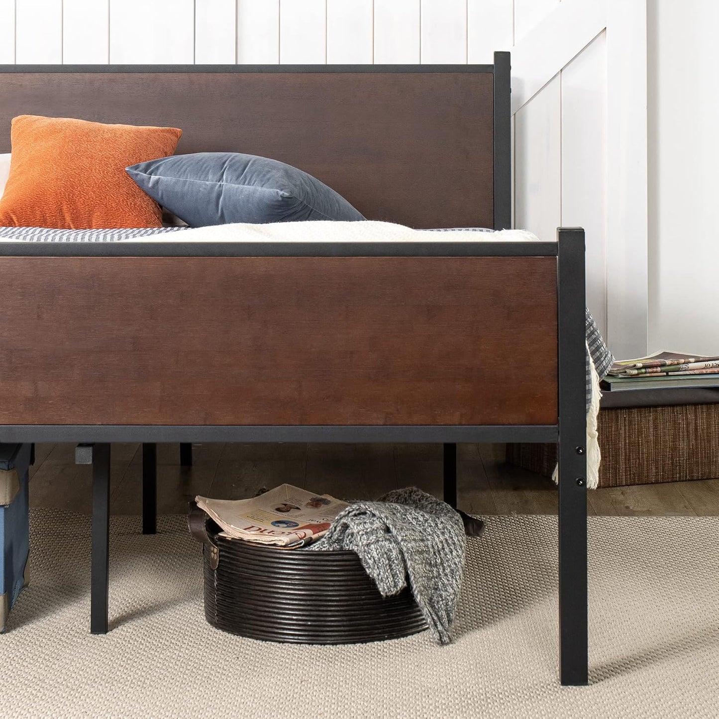 Zinus Queen Bed Frame, Industrial Metal Wooden Bamboo Bed Frame Base with Headboard, Black & Dark Wood, Bedroom Furniture, Brown