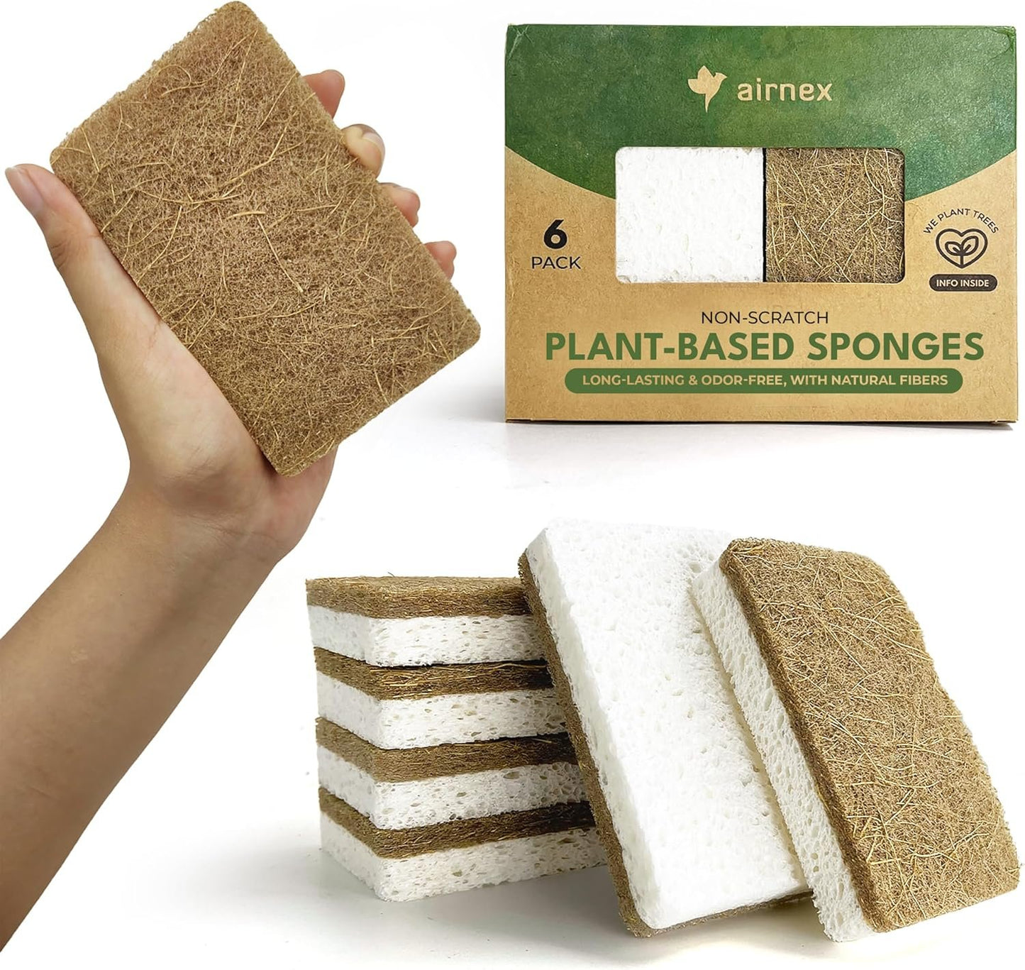 AIRNEX 6 Pack Biodegradable Natural Kitchen Sponges - Eco Friendly Cellulose and Coconut Dish Sponges - Odourless Sponges for Dishes with Dish Scrubber - Non Scratch Dual Sided Multipurpose Sponges